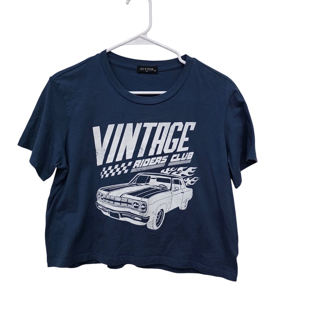 Zutter USA Womens Vintage Riders‎ Club Muscle Car Graphic Cropped T-Shirt Blue M